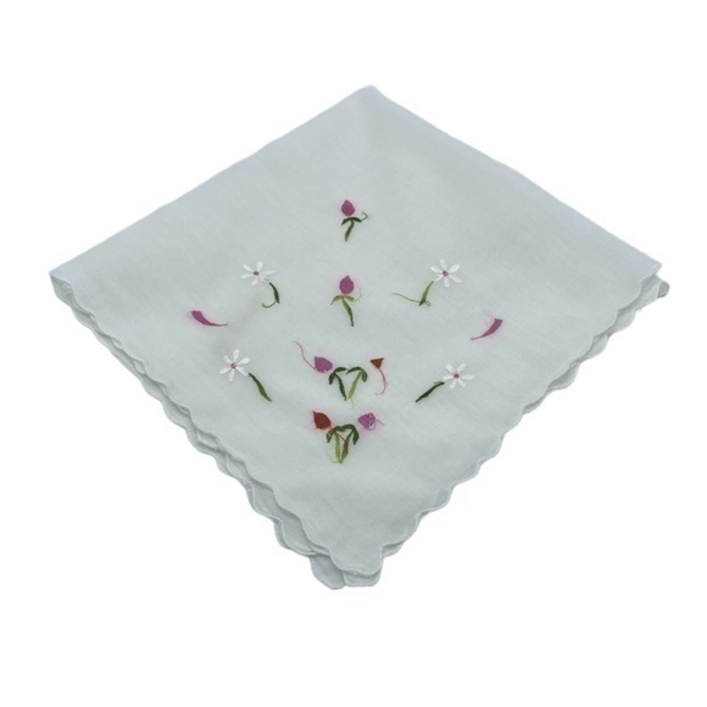 Vintage Handkerchief Hankie Embroidered Flowers 15in x 15in